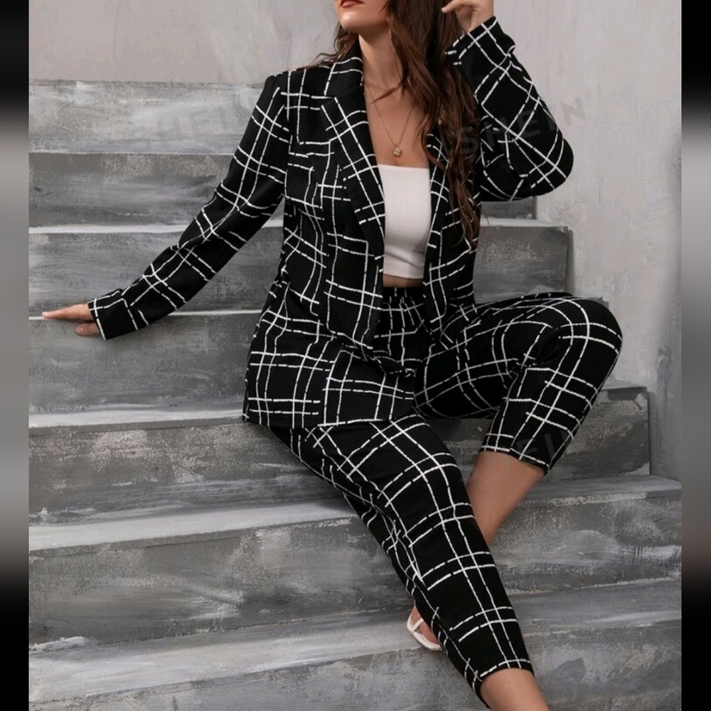 Shein black and white plaid suit